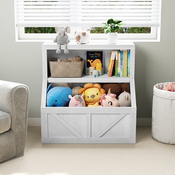 Kids 2-Tier Bookshelf & Toy Storage Cabinet, Wooden Toddler Bookcase with Large Cubbies and Shelves, Floor-Standing Space-Saving Organizer，White