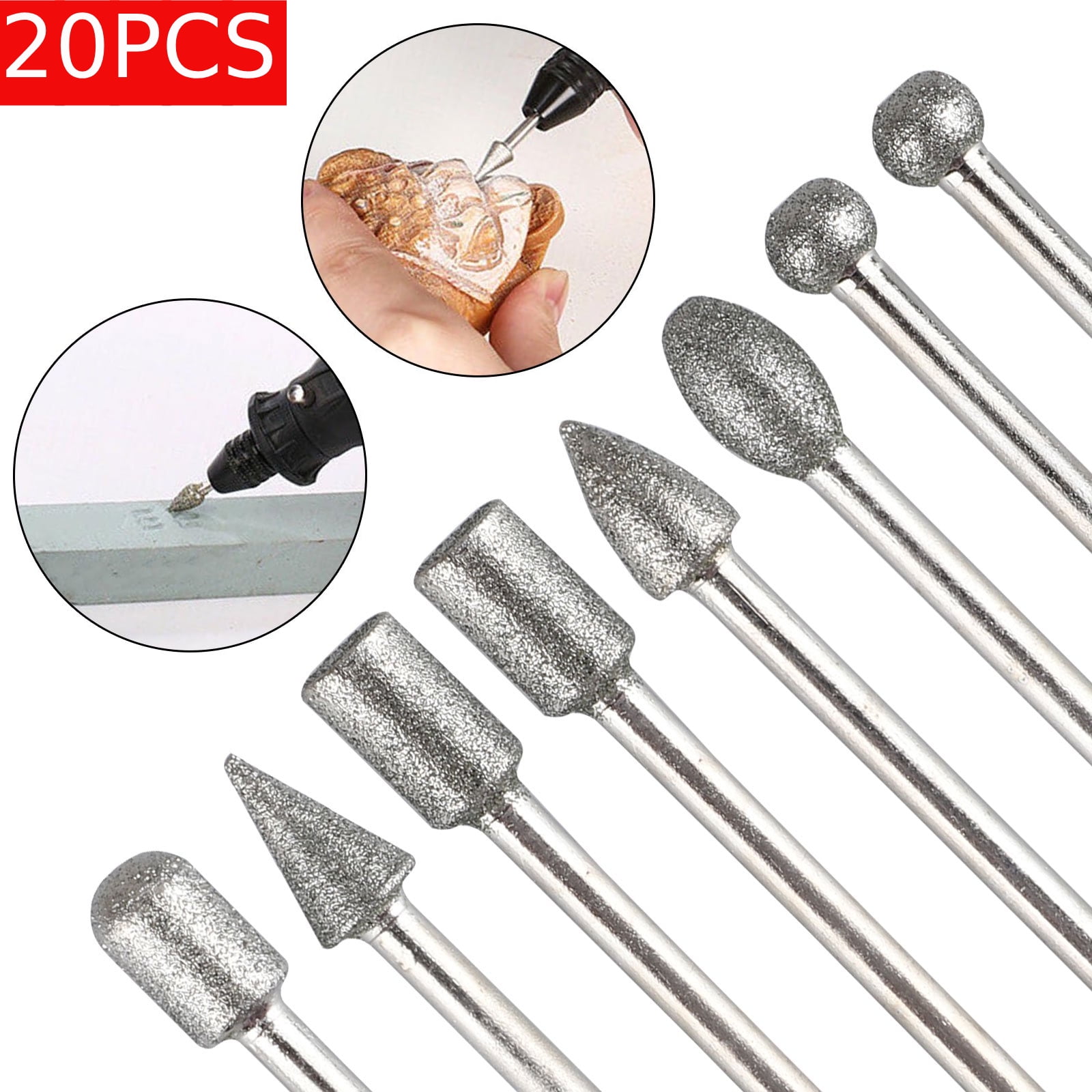 uxcell Diamond Burrs Bits Grinding Drill Carving Rotary Tool for Glass Stone Ceramic 120 Grit 1/4 Shank 8mm Cylinder Ball Nose 5 Pcs 