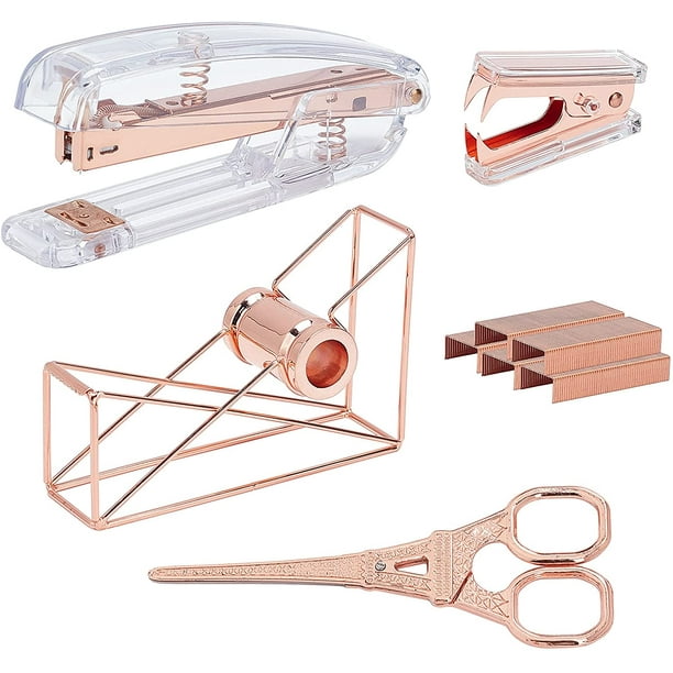 Kit de material de oficina con 5 accesorios de escritorio: dispensador de cinta adhesiva, quitagrapas y juego de grapadora con grapas estándar de latón 24/6.