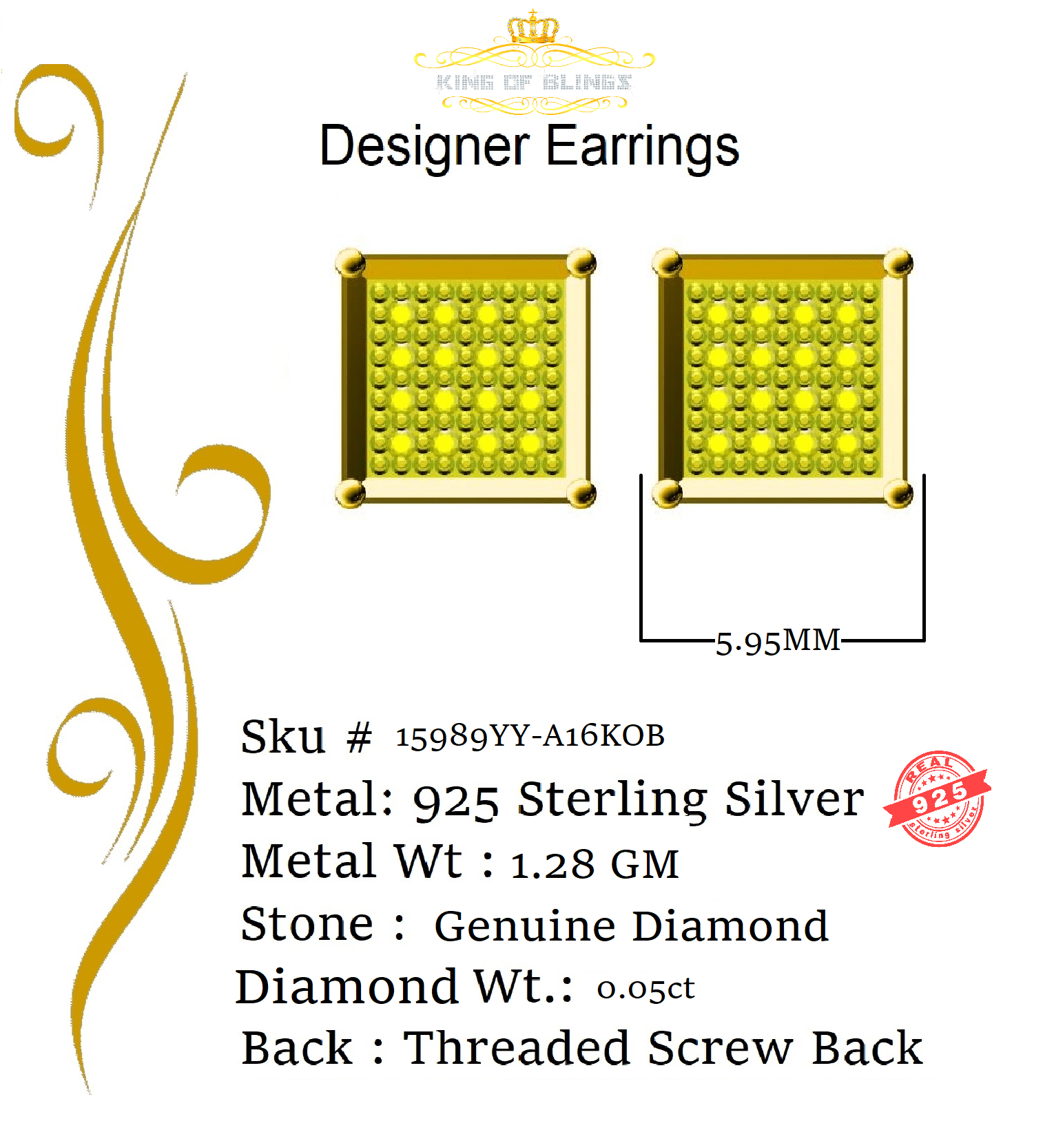 King of Bling's 0.05ct Diamond Yellow Collection Sterling Silver Stud Women/ Men Square Earrings