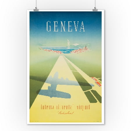 1949 Vintage Print Geneva - Intercontinental Airport Vintage Poster (artist: Mahrer) Switzerland c. 1949 (9x12 Art Print, Wall Decor Travel Poster) ()