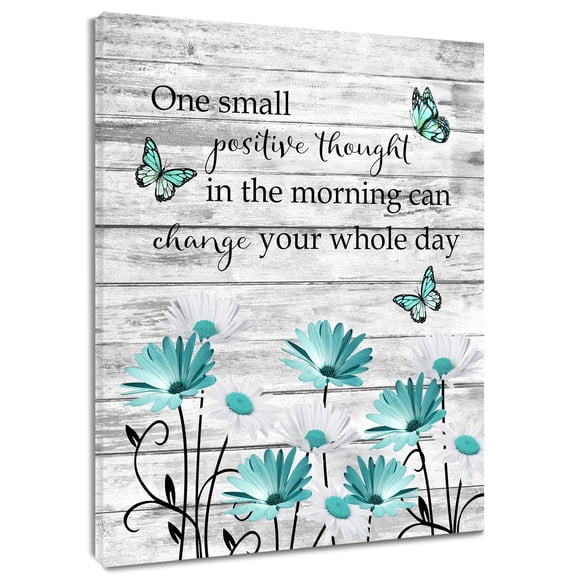 HVEST Teal Daisy Floral Wall Art Farmhouse Teal Flower and Butterfly Canvas Wall Art Rustic Vintage Gray Framed Wall Decor for Living Room Bedroom Home, 12 X 12 inches