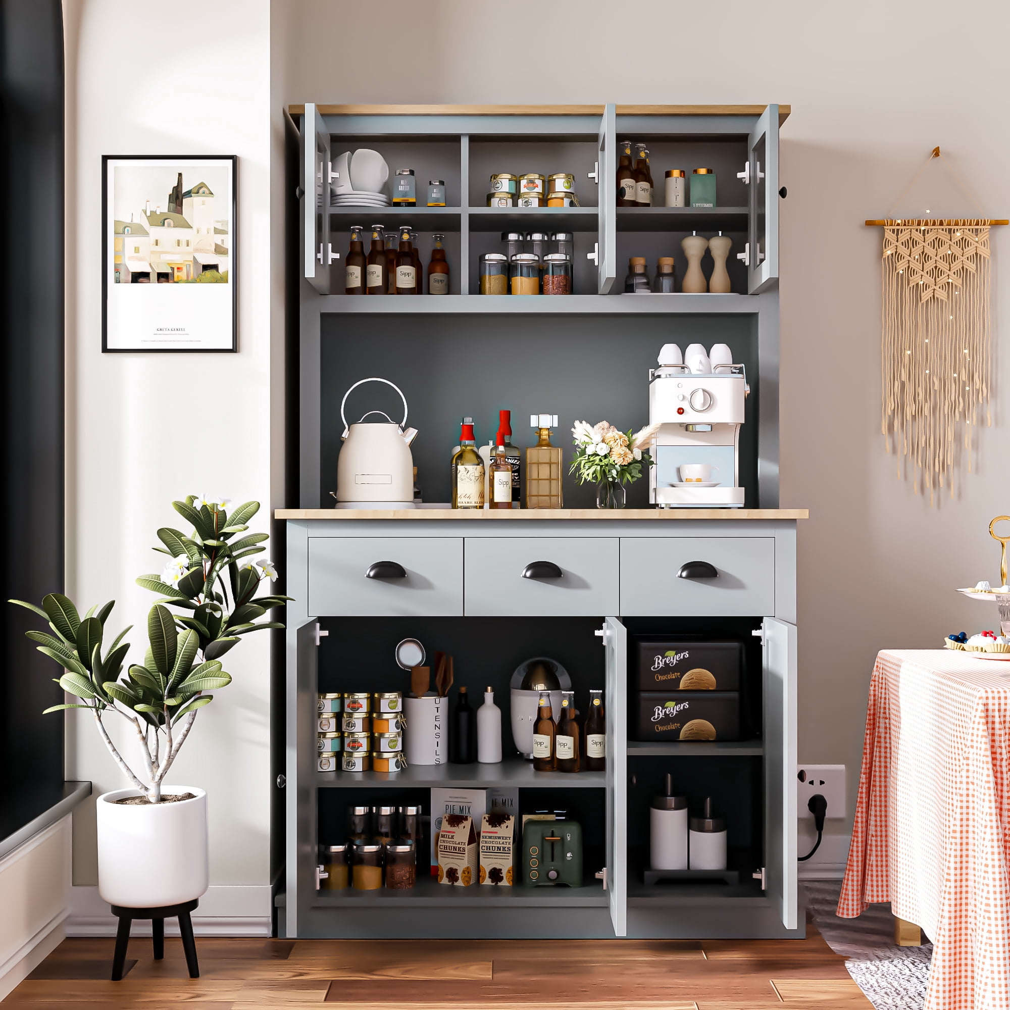 Joywind Freestanding Pantry Cabinet with Countertop, Storage Drawers, and Adjustable Shelves, Gray, 71.2 in
