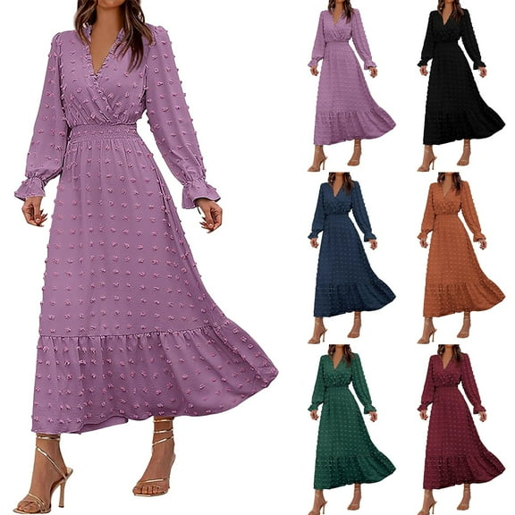larppty V-Neck Long-Sleeved Layered Flowy A-Line Bohemian Maxi Dress - Wedding Guest Dress for Tall Ladies（Dark Blue，L）