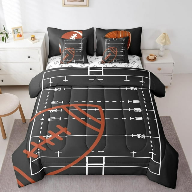 Ensemble de Douillette Réversible Terrain de Football Américain 7 Pcs Format Double, Ensemble de Draps à Thème Sports de Ballon pour Garçons Gants de Rugby Bruns Équipement Sportif Ensemble de Literie avec Douillette, Drap-Housse et Drap Plat