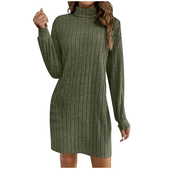 qelini Turtleneck Dresses for Women Long Sleeve Solid Dropped Shoulder Mini Sweater Dress Winter Warm Dresses