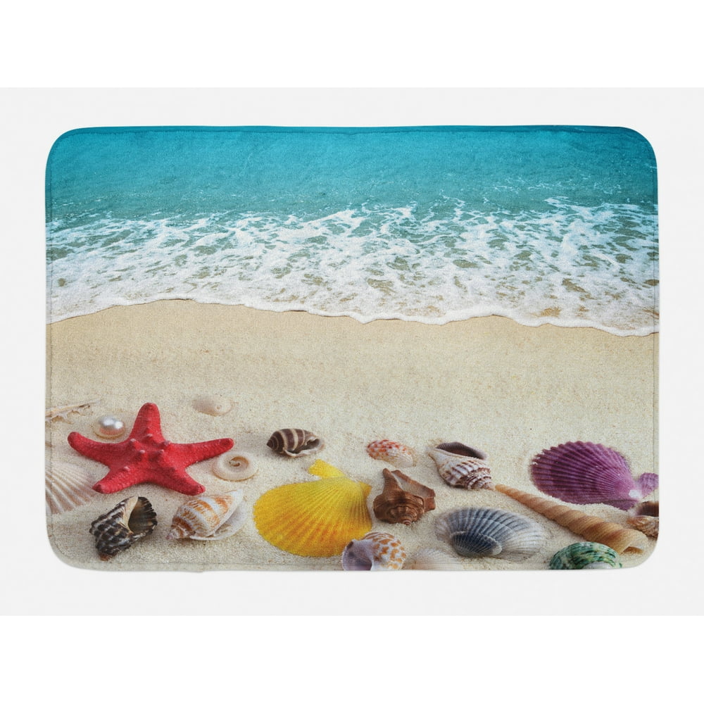 Beach Bath Mat, Sea Shells on Sandy Coast Tropical Island Shore