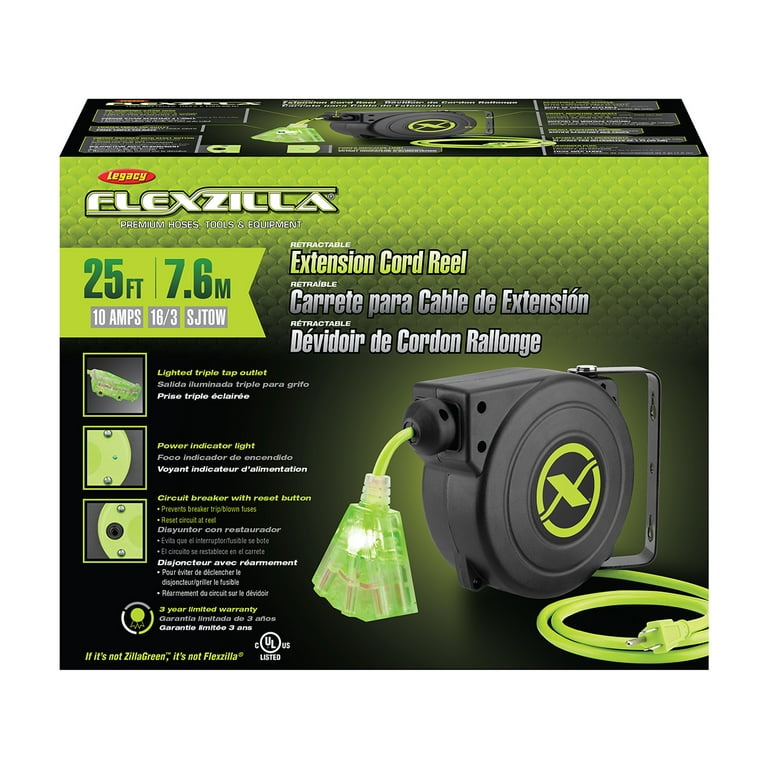 Flexzilla® Retractable Extension Cord Reel, 16/3 AWG SJTOW Cord, 25',  Grounded Triple Tap Outlet 