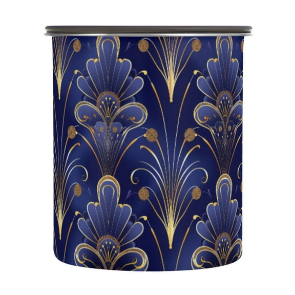 Floral Royal Blue & Gold Damask Airtight Coffee Bean Canister 30oz Food Storage Containers with Lids For Gournd, Tea, Sugar, Flour, Rice, Cereal, Candy Cookie Jar