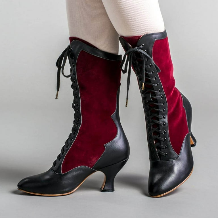 Women's Vintage Victorian Lace-Up Boots - Red and Black Gothic Steampunk Heeled Boots for Cosplay, Costumes, and Christmas Occasions