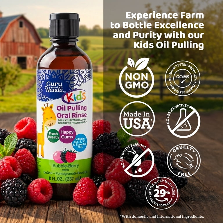 GURU NANDA Kids Oil Pulling Mouthwash, Berry Lemon Rose Flavor, 8