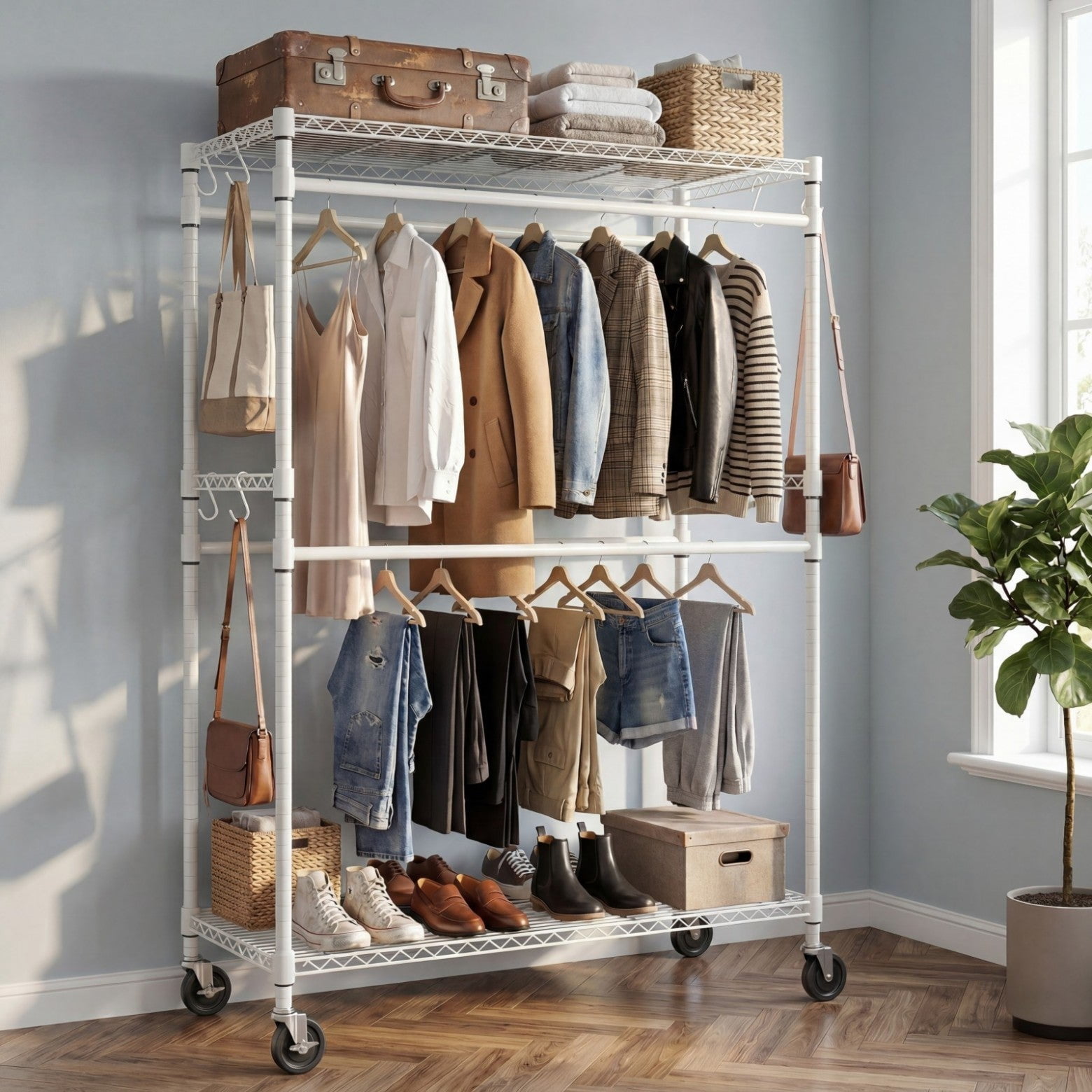Sailvan Heavy Duty Rolling Clothing Rack, 360LBS Capacity Garment Rack with 4 Hanging Rods & 2 Shelves, Portable Closet, 45"W x 80"H,White