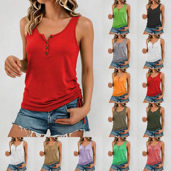 CHENge Womens U Neck Henley Tank Tops Summer Sleeveless Side Ruched Drawstring Button Casual Loose Fit Basic Everyday Shirts,M