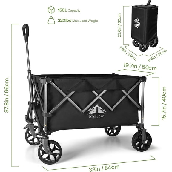 Collapsible Wagon for Camping: 150L Garden Cart with Wheels Heavy Duty - Folding Utility Wagon for Outdoor