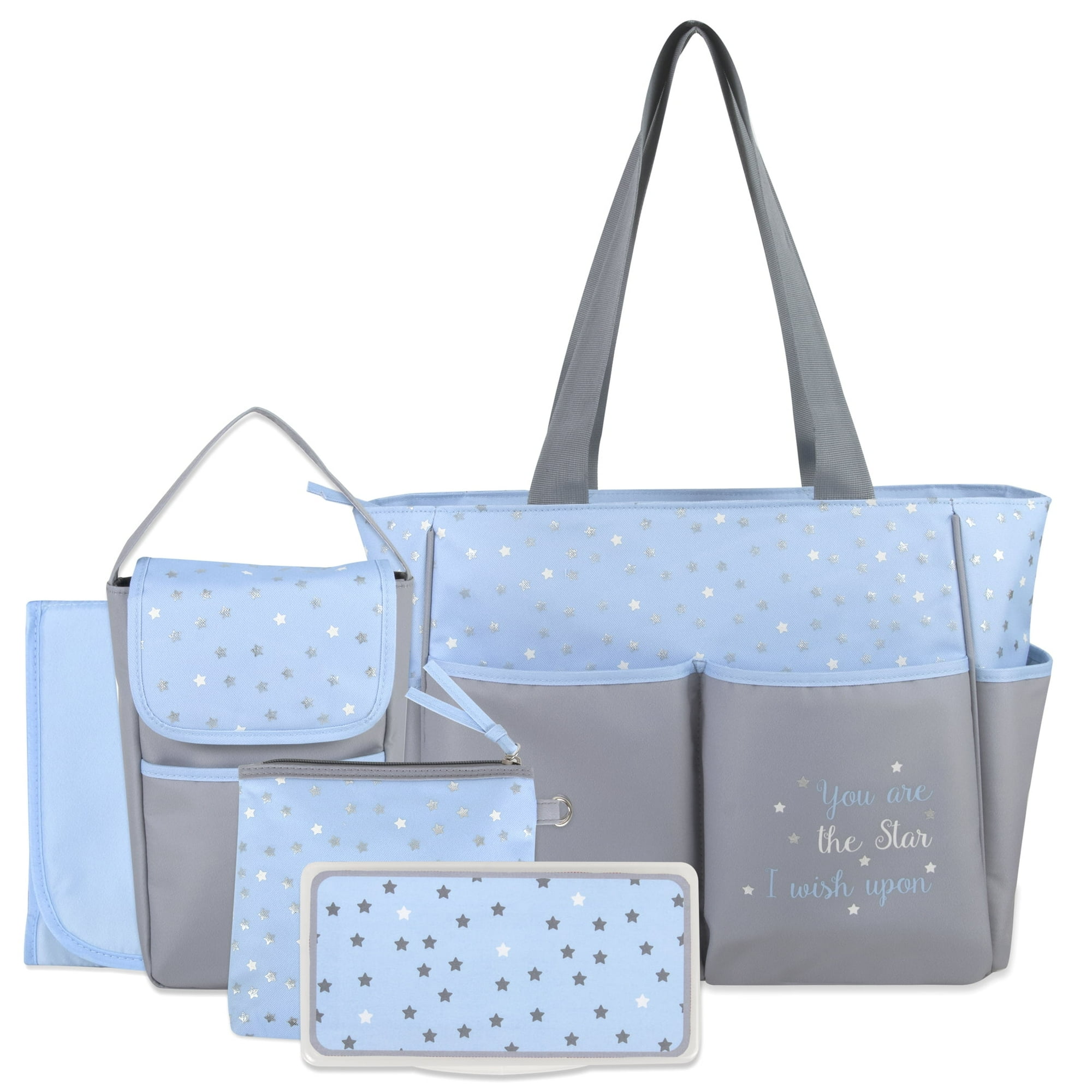 Baby Essentials Baby Boys' 5-Piece Stars Diaper Bag Set - blue, one size