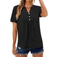 thumbnail image 4 of Women's Solid Color Casual Button V-Neck Short Sleeve Loose Fit T-Shirt Top, 4 of 9