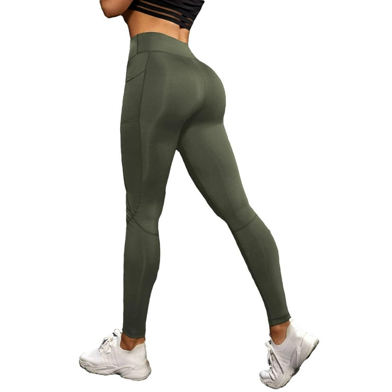 Womens Activewear Sports Leggings Solid Leggings with Phone Pocket Army Green S