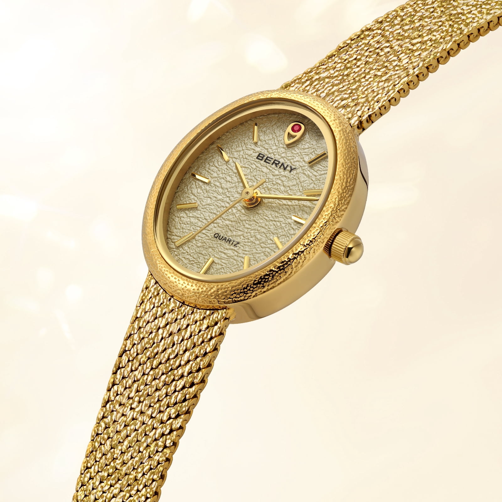 BERNY Small Gold Watches for Women, Dainty Minimalist Oval Dial, Vintage Stainless Steel Bracelet Watch, Adjustable Mesh Band, Waterproof, Luxury Ladies Analog Quartz Wrist Watch Gifts (Gold)