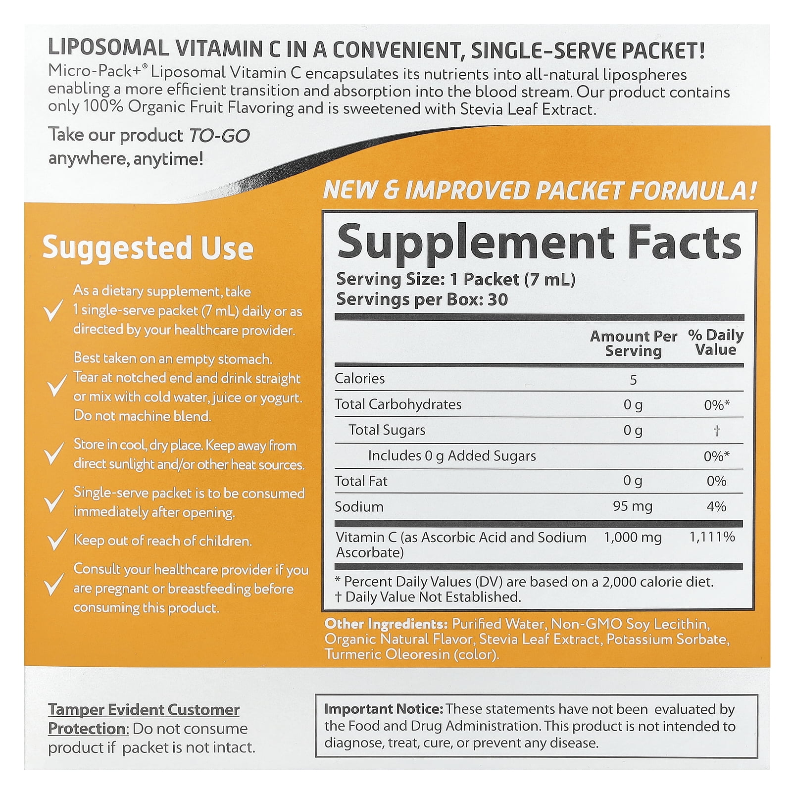 Aurora Nutrascience Micro-Pack+ Liposomal Vitamin C, 1,000 mg, 30 Single-Serve Liquid Packets, 0.24 fl oz (7 ml) Each