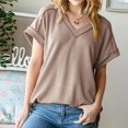 thumbnail image 6 of VERUGU Womens Tops Short Sleeve V-Neck Shirts Summer Trendy Knitted Solid Loungewear Base Tee Casual Plain Loose Comfy Tunic Blouses Khaki S, 6 of 8