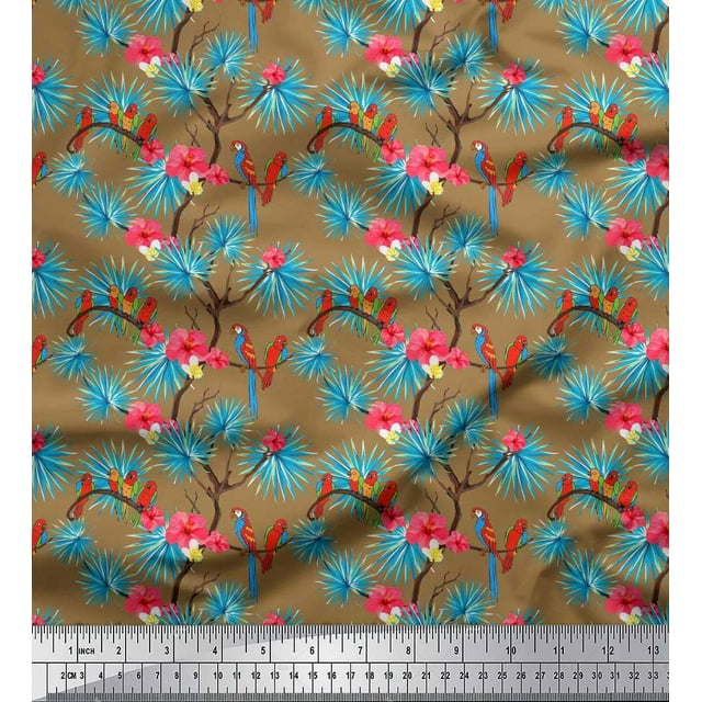Soimoi Poly Georgette Fabric Leaves,Floral & Macaw Parrot Bird Printed Fabric 1 Yard 52 Inch Wide