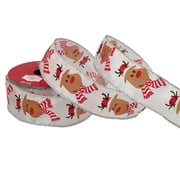 Holiday Time Gift Wrap Ribbon, White Satin with Reindeer Print, Polyester , 1.5"/15'
