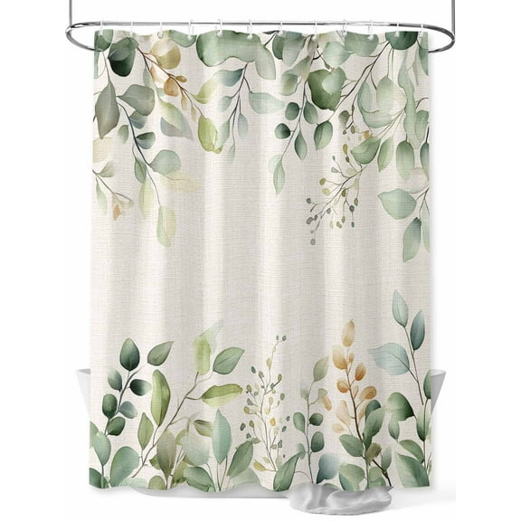 Retro Eucalyptus Leaves Shower Curtain, Sage Green Leaf Summer Plants Linen Waterproof Shower Curtain Set with 12 Hooks Lightweight Washable Fabric Shower Curtains for Bathroom 36x72 Inches
