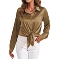 thumbnail image 3 of Blusas de Satén para Mujer, Camisas de Seda con Botones, Blusas Informales de Larga para Negocios Caqui S, 3 of 7