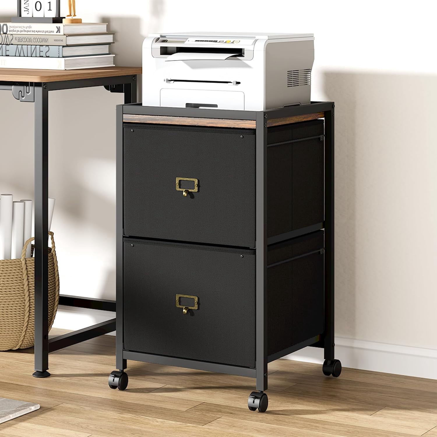 Mobile File Cabinet with Drawers & Wheels, Fabric Vertical File Cabinet with Open Storage Shelves