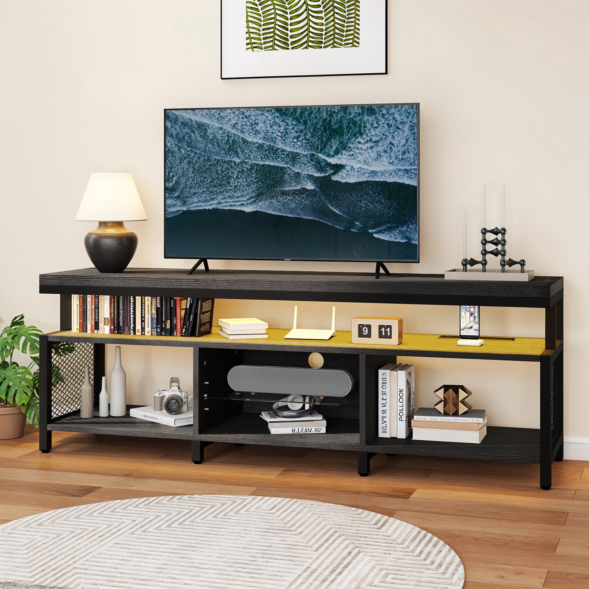 Uforic Industrial LED TV Stands for 55/60/65/70 inch w/Power Outlets, Entertainment Center TV Cabinet for Living Room, Black