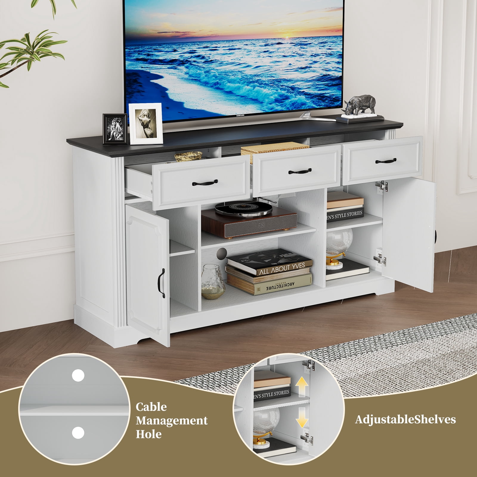 HLR Mid Century 60" TV Stand for TV up to 65", Entertainment Center with Drawers Storage for Living Room, White