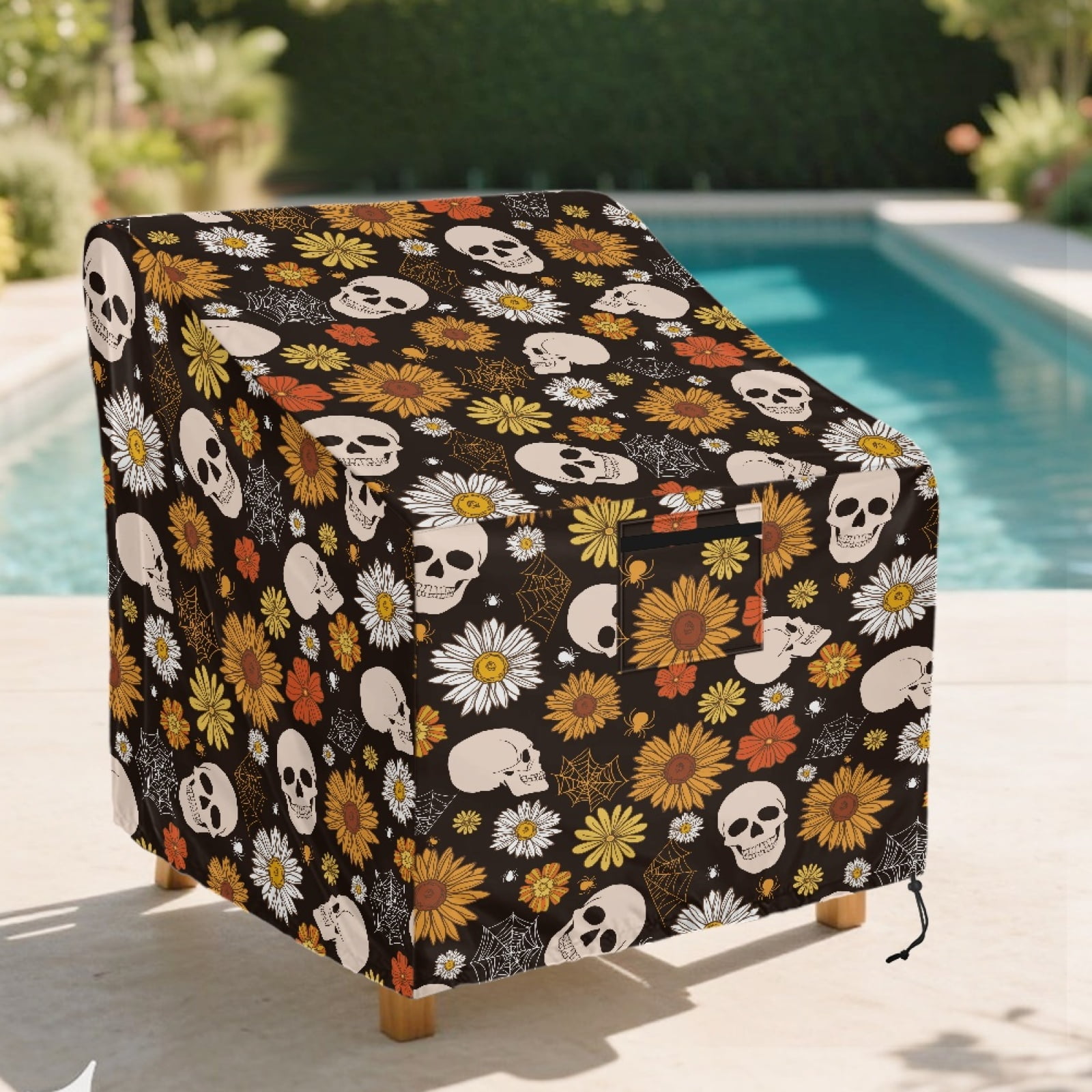 Renewold Patio Chair Covers Waterproof Dust Proof Stackable Patio Chair Covers Outdoor Lawn Patio Furniture Protection Halloween Decor, 38"W x 38"D x 36"H, Skull Sunflower Daisy Spider Web Print