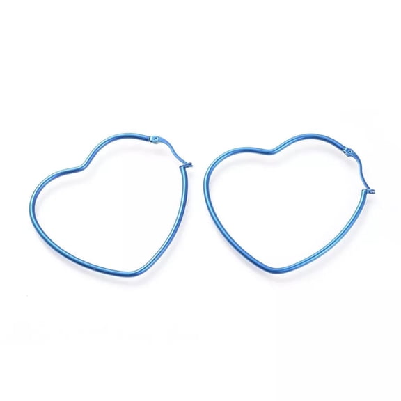 Stainless Steel Hinged Hoop Earrings Heart Blue 2.2 InchP575 Polished And Smooth