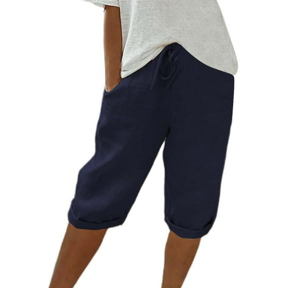 RPVATI Womens Khaki Bermuda Shorts Stretchy Summer Knee Length Cotton Linen Elastic Waist Shorts Work Drawstring Beach Petite Capris Pants with Pockets Blue XXL