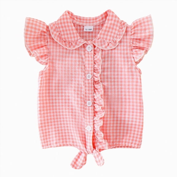 mgoYE Toddler Girl Button Shirt Tie Knot Shirt Plaid Blouse Sleeveless Ruffled Tops Kids Baby Summer Clothes Size 18-24 Months Pink