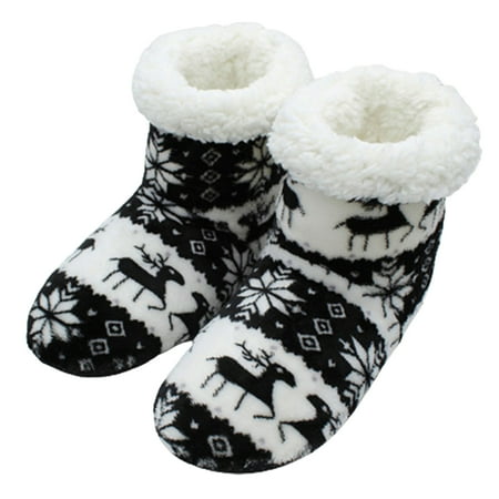

Fusipu 1 Pair Indoor Boot Non-slip Rubber Sole Thick Christmas Print Coral Fleece Plush Keep Warm Feet Protection Elk Snowflake Print Winter Floor Boot for Home Wear