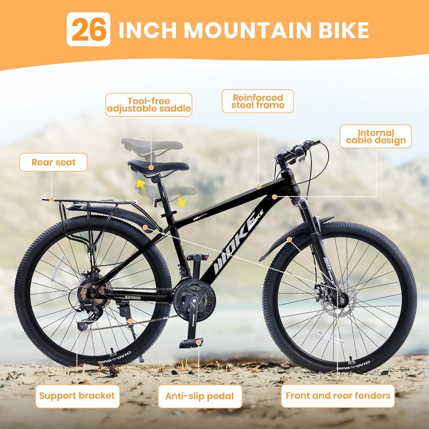 26 Inch Mountain Bike for Men, NEORIVERE 21-Speed Men's Mountain Bike with Suspension Fork, Dual Disc Brakes, Rear Rack & Internal Cable