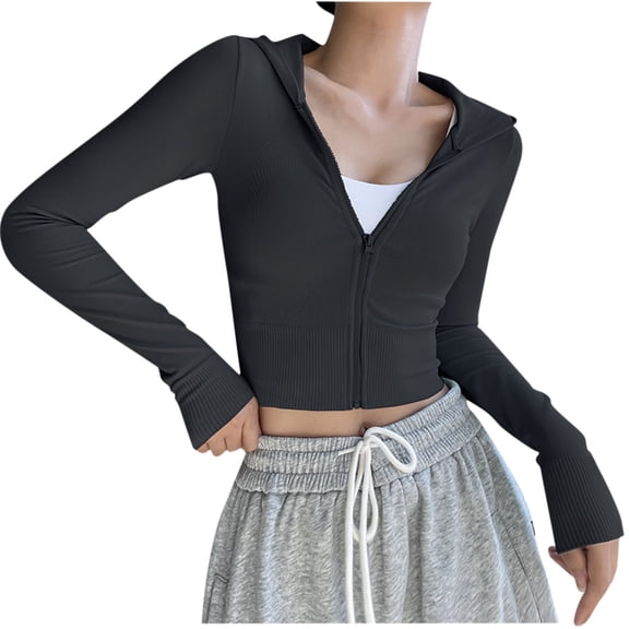 XFLWAM Women's Yoga Running Cropped Jacket Long Sleeve Full Zip Crop Tops with Hoodie Ribbed Slim Fit Activewear Black S