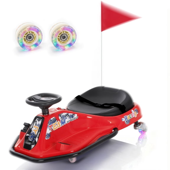 Alpha Joy 24V Electric Go Kart for Kids Ages 3 , Crazy Drifting Go-Kart 180W Ride on Toy with 9.3 MPH Max Speed, Bluetooth & LED Lights, Safety Harness, Red