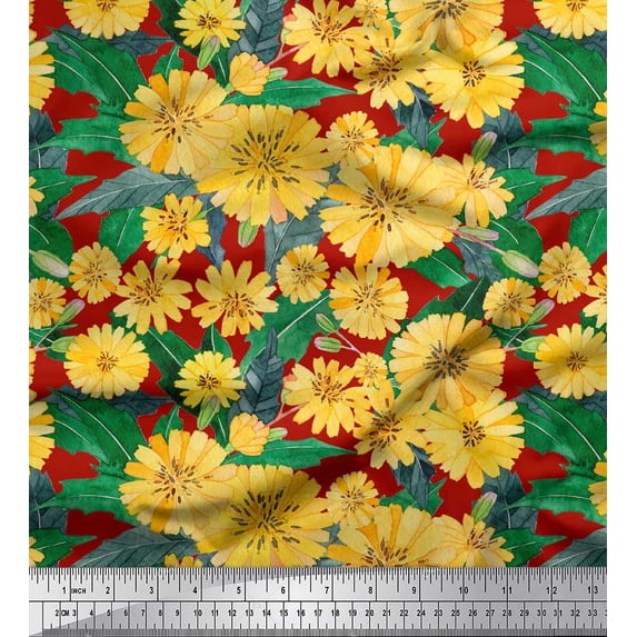 Soimoi Red Poly Georgette Fabric Leaves & Aster Floral Printed Craft Fabric by the Yard 42 Inch Wide