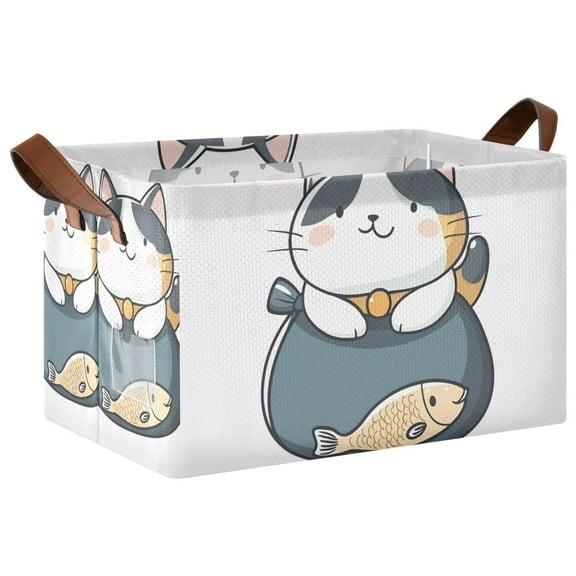 Yayeee Foldable Storage Basket for Shelves with Handles Waterproof Cloth Bins, Blue Cute Cat