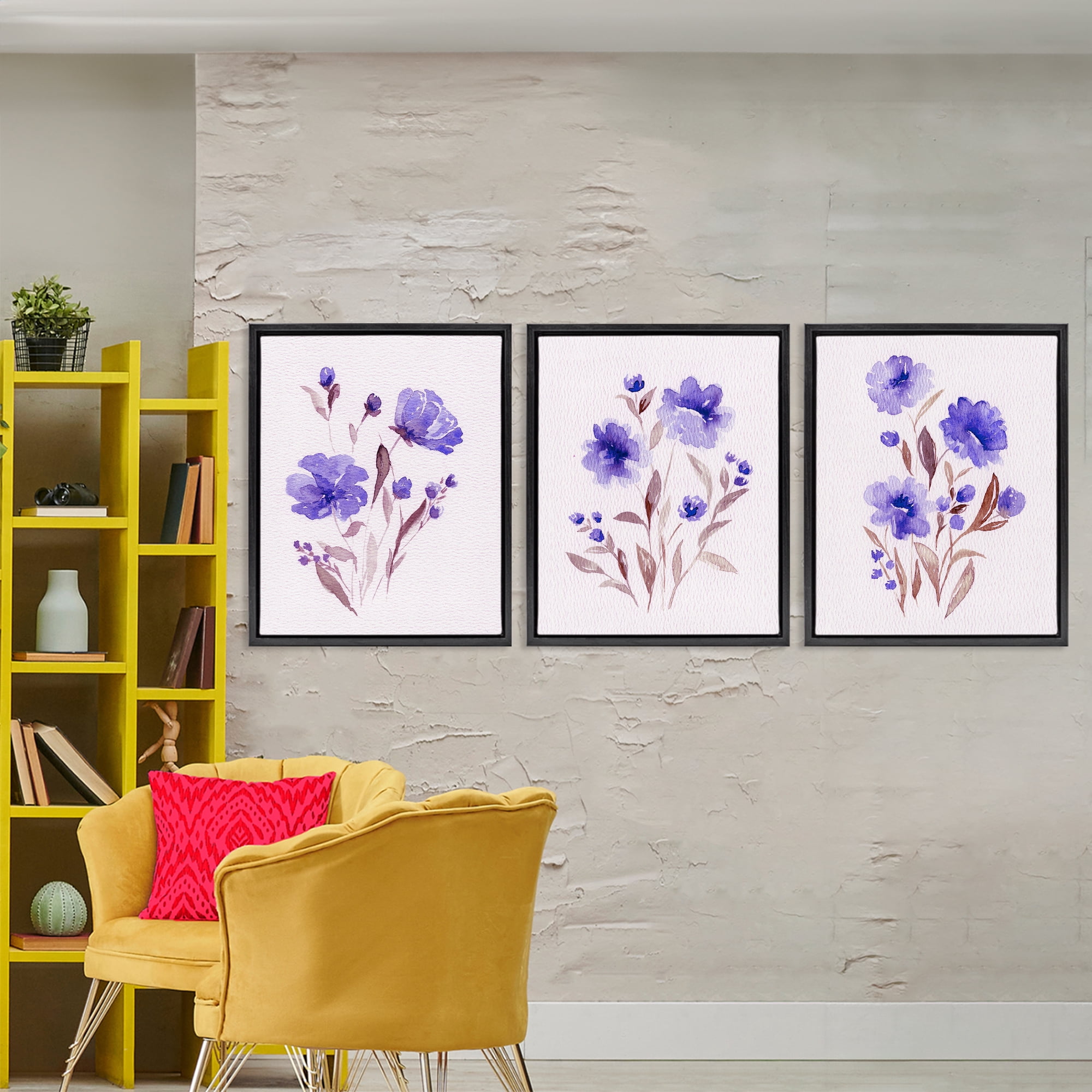 Stupell Industries Watercolor Purple Blooms 3 Piece Black Framed Floater Canvas Set, design by Leah Noel Art