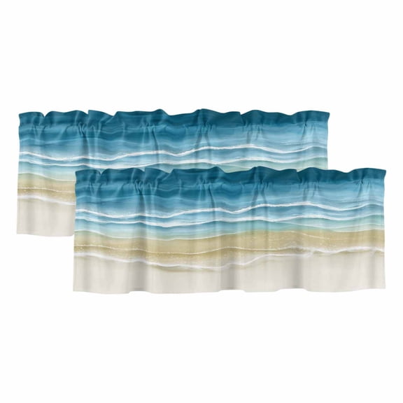 2 Pack Valances for Window, Blue Summer Beach Coastal Short Curtains for Kitchen Bedroom Living Room, Nautical Beige Seaside Rod Pocket Small Window Treatment Valance Drapes 42 x 12 Inch