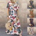 thumbnail image 2 of Robe Maxi d'Été 2025 Amazon Col Rond Décontracté Femme Rétro Imprimé Floral Manches Courtes Amples (Bleu Foncé), 2 of 3