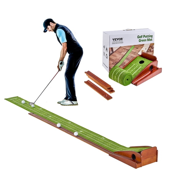 VEVOR Golf Putting Mat, 1 Hole Indoor Golf Putting Green, Wrinkle-Free Golf Training Aid,Mini Golf Accessory with Auto-Ball Return, Alignment Guide,and Wood Base, Game Practice Gift for Home Office