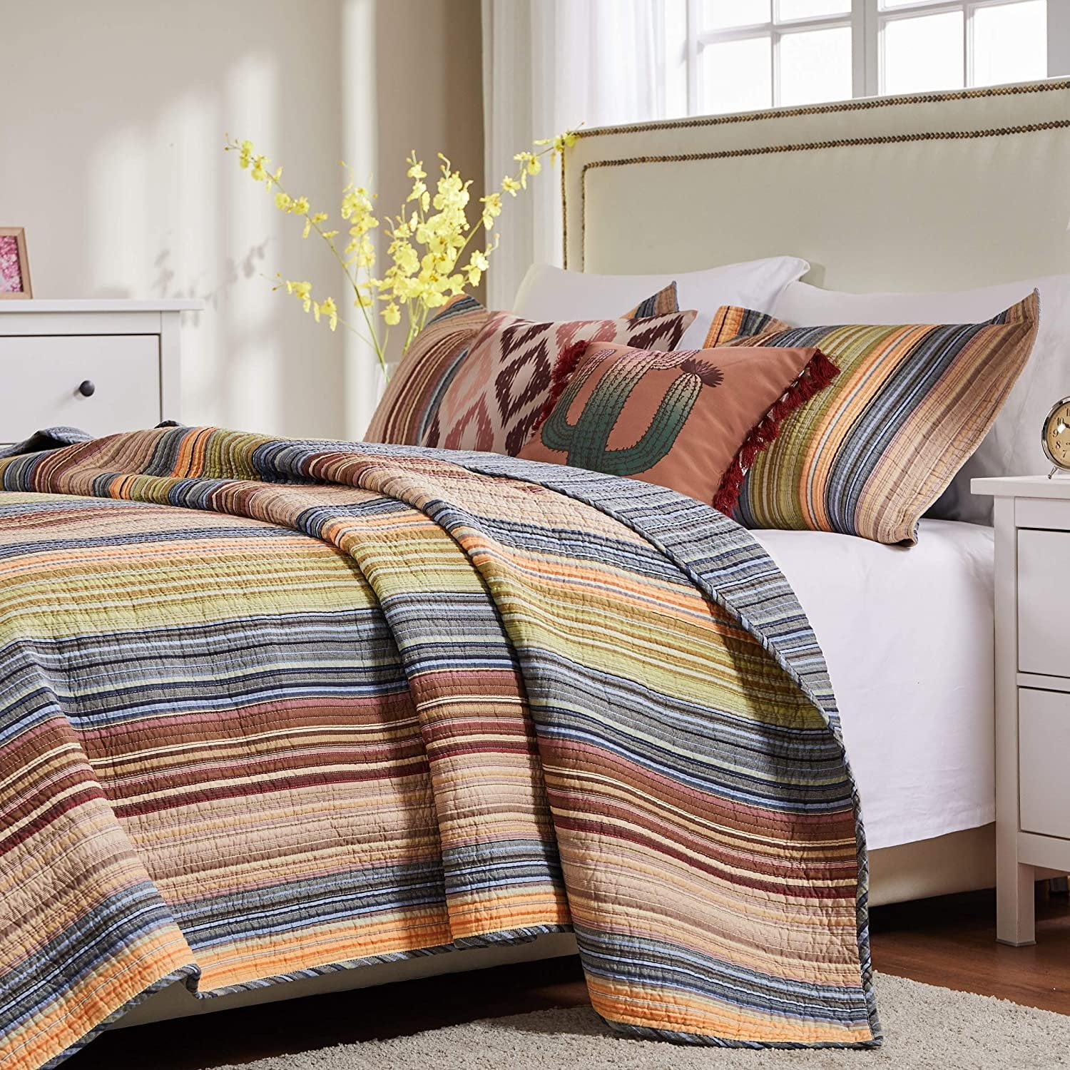 Greenland Home Katy Boho Stripe 100% Cotton Quilt and Pillow Sham Set, 3-Piece King/Cal King