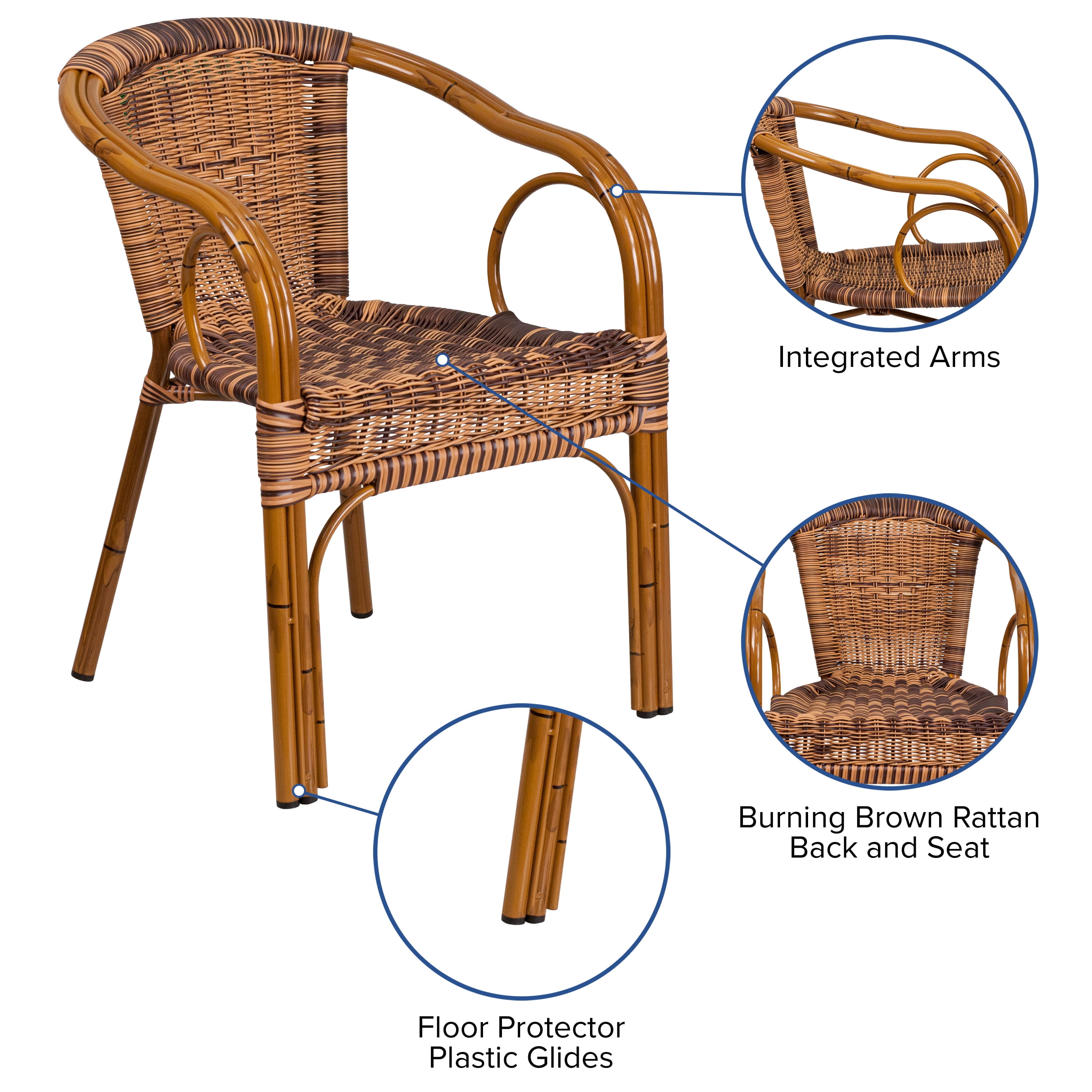 Merrick Lane Stacking Rattan Patio Chair in Burning Brown with Dark Red Bamboo Look Aluminum Frame and Integrated Arms