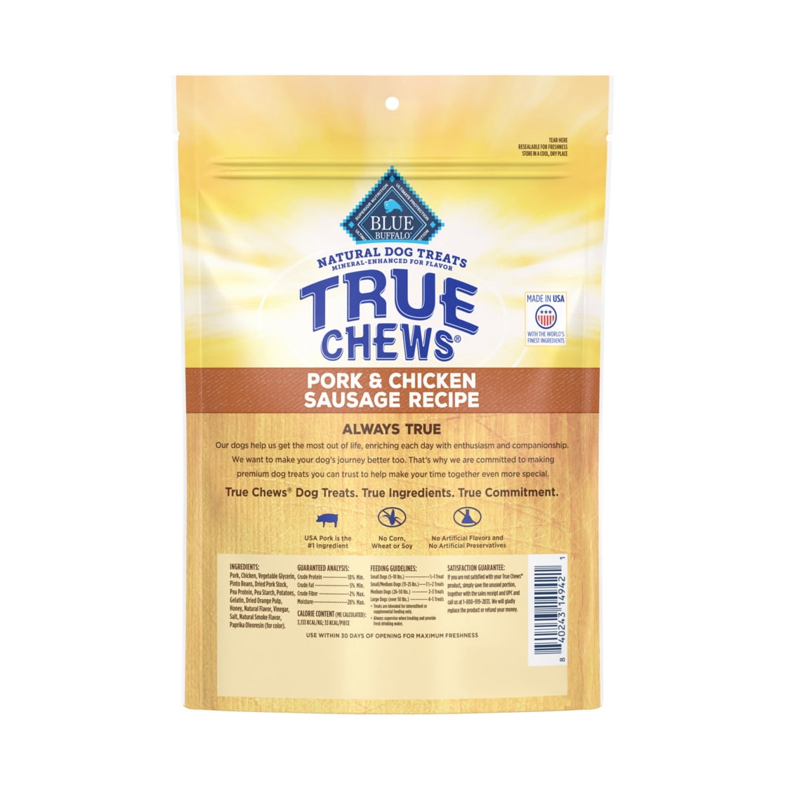 Blue Buffalo True Chews Dog Treats, Pork and Chicken Sausage Recipe, 14-oz Bag