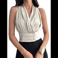 thumbnail image 3 of Blusas Plisadas Sin Mangas con Cuello en V para Mujer, Camisas Elegantes de Oficina. Albaricoque M, 3 of 9