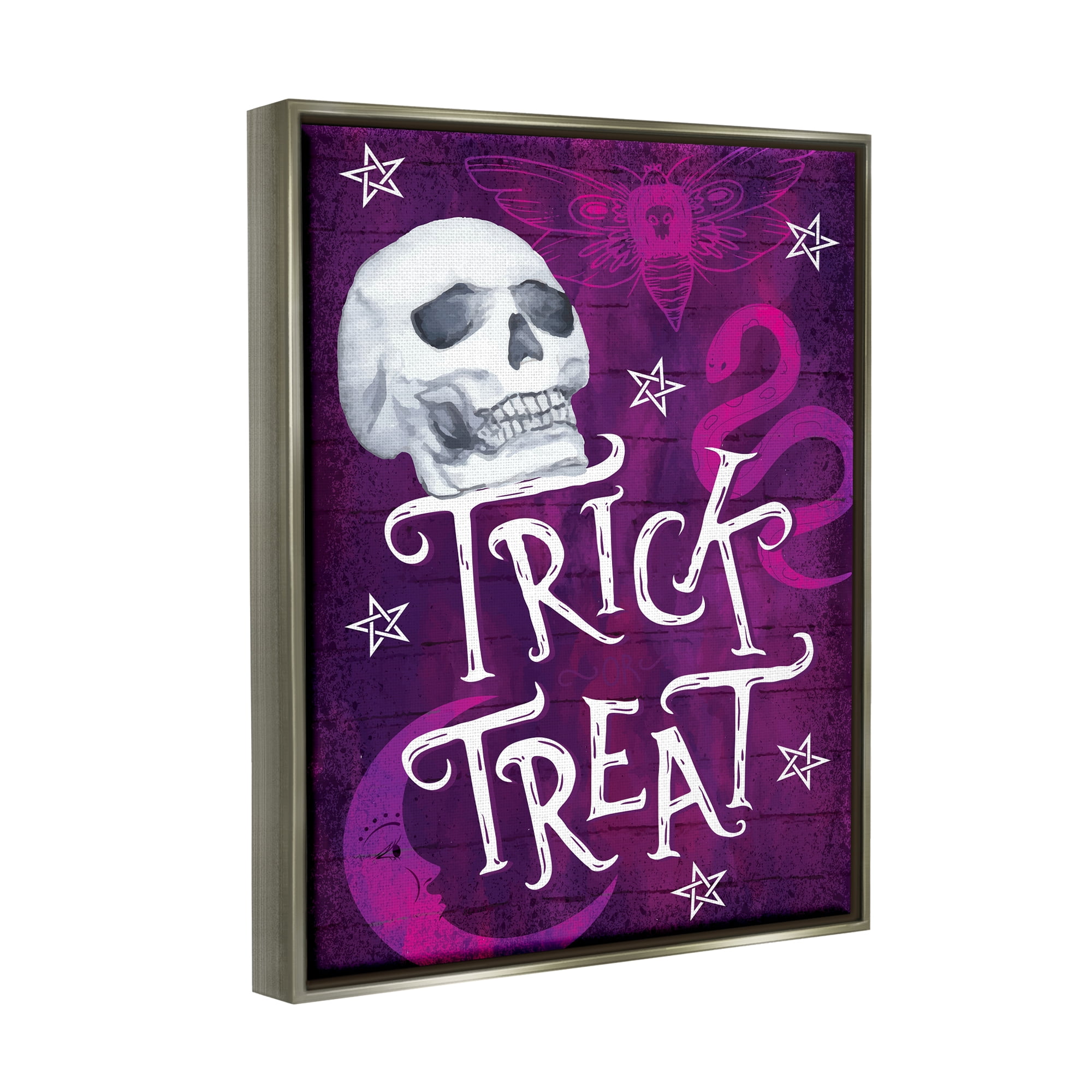 Stupell Industries Trick or Treat Purple Halloween Holiday Painting Gray Floater Framed Art Print Wall Art